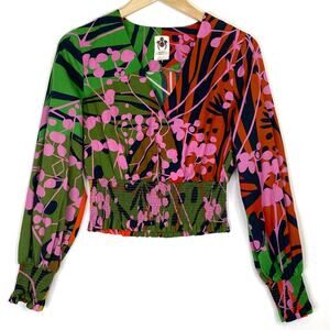 Roopa Pemmaraju X Anthropologie Faux Wrap Smocked Tropical Floral Top Womens S